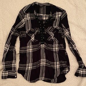 Express Black and White Plaid lace up long sleeve blouse